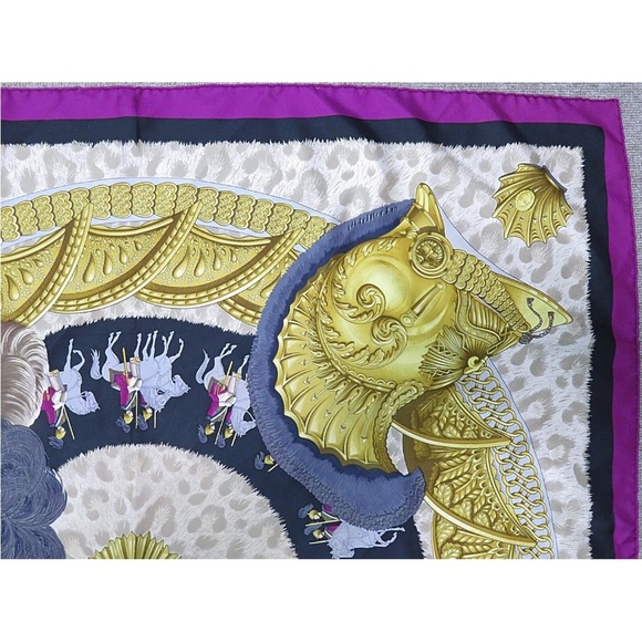 Hermes Gold and Purple Silk Scarf with Equestrian Design - Picture 4 of 11